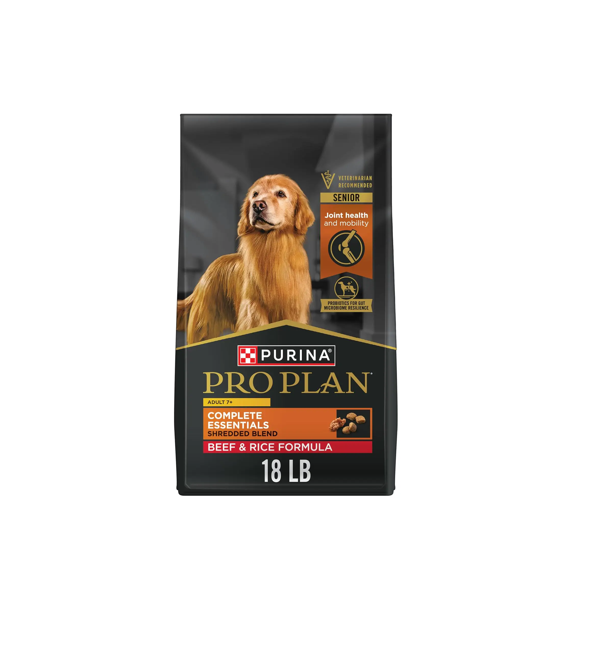 Purina Pro Plan Senior Dog Food, 7 Plus Shredded Blend Beef and Rice Formula Dry Dog Food, 18 lb. Bag