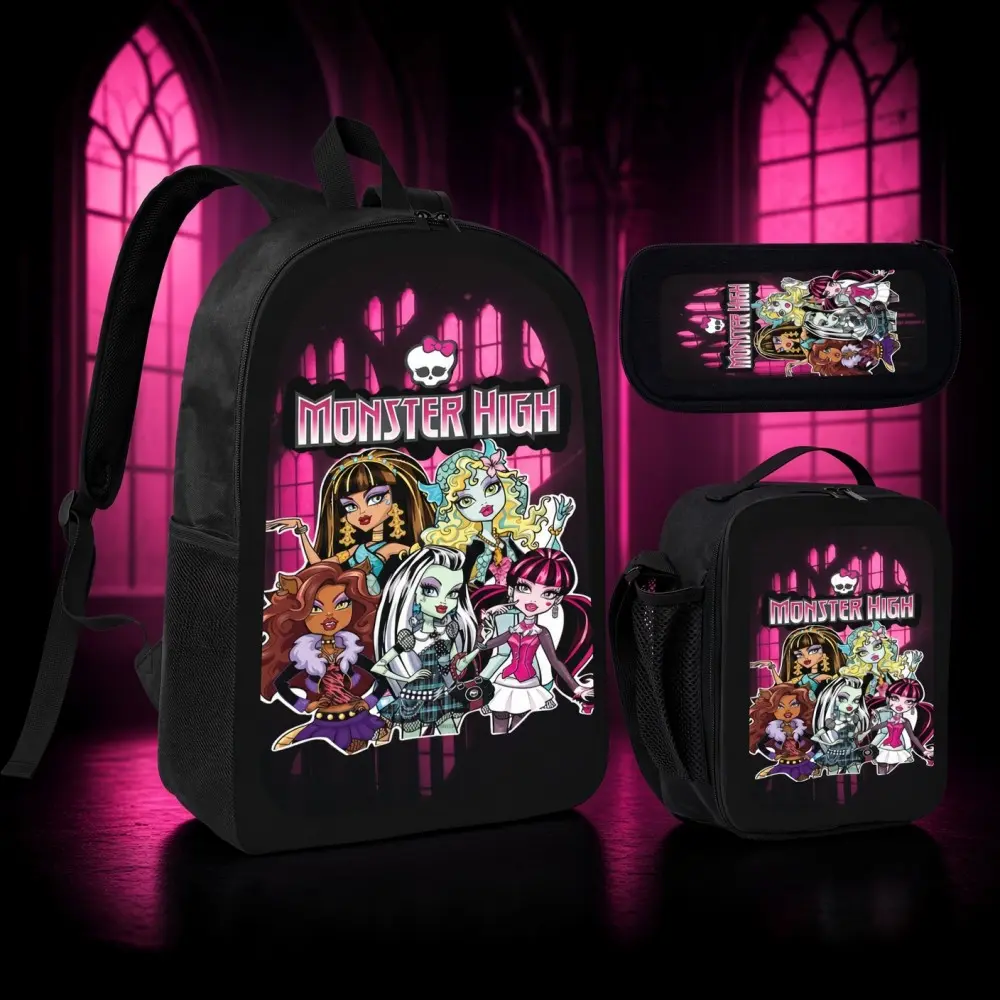Women's 3-Piece Gothic Cartoon Monster Backpack Set, 17in Pink Oxford Rucksack with Lunch Bag & Pencil Case, Trendy School Bookbag Gift for Monster Fans Girls