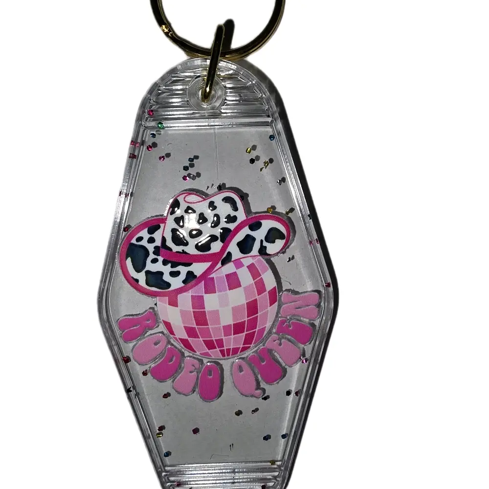 Acrylic Keychain with Vinyl Sticker of A Cowgirl Hat Disco Ball, Featuring Colorful Design, Keyring Attachment