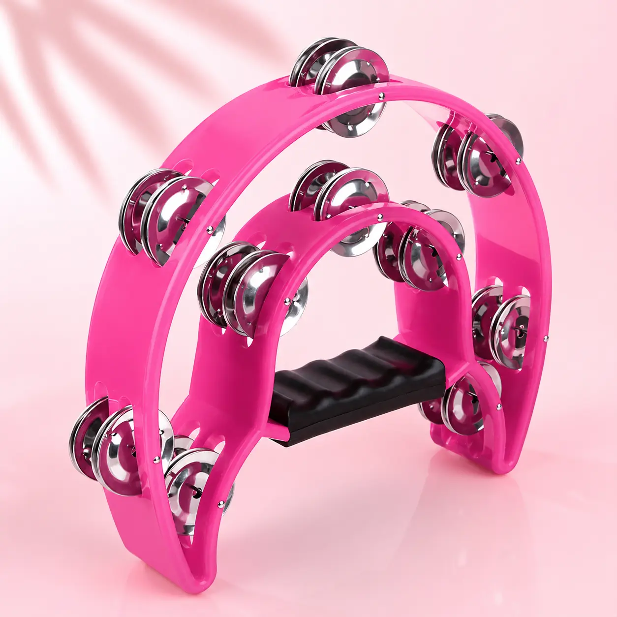Handheld Half Moon Percussion Tambourine - Double Row Jingles, Multicolor Pink, Ergonomic Grip for KTV, Party