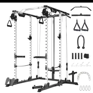 GARVEE Power Cage with Cable Cross Over System Multi Functional Power Rack with LAT Pull Down System Strength Training Squat Rack for Home Gym with Training Attachment Black White