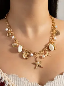 Abs Imitation Pearl Starfish Bracelet Necklace Set, Shell Design Jewelry for Women, Fashion Accessory for Daily Wear