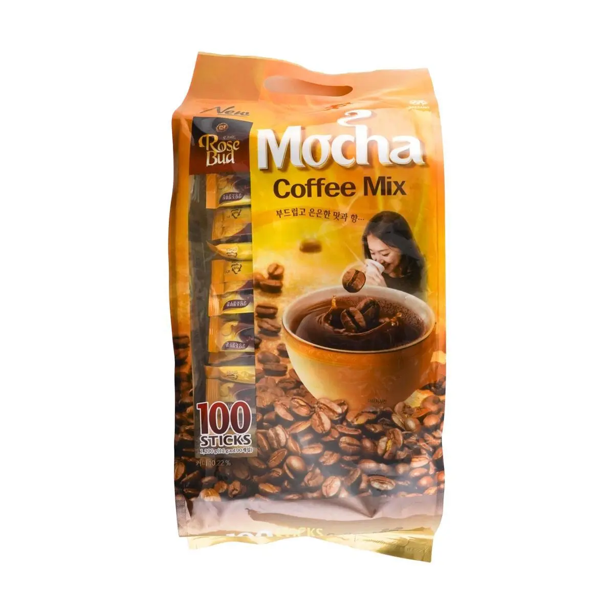 ROSEBUD Korean Mocha Instant Coffee Mix Sticks - 100 Count (1.2kg) - Rich & Smooth Flavor, Easy to Brew