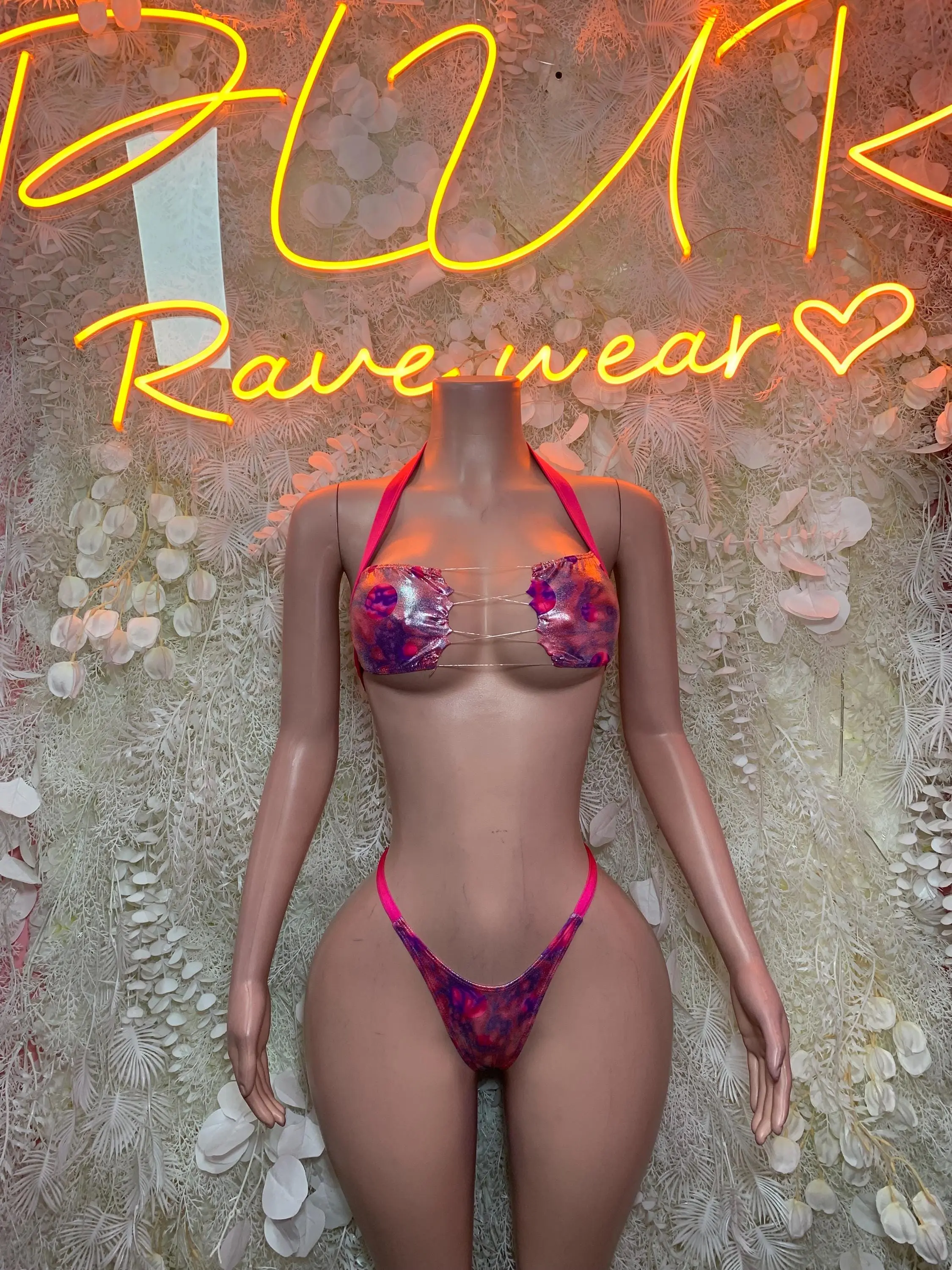 Pink Purple Holographic Abstract Micro Bikini Set Bandeau Top Clear Band Thong Rave Festival Exotic Dance Clubwear