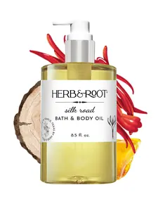 HERB & ROOT Silk Road Bath & Body Oil - Spicy Blend of Saffron, Cinnamon & Cedar - 8.5 oz Moisturizer with Almond Rice Bran & Grapeseed Oil - Aroma