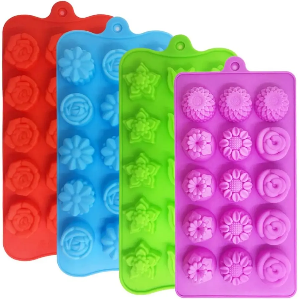 4-Pack Collapsible Silicone Flower Chocolate Candy Molds - 15-Cavity Oven-Safe Bakeware (Green, Blue, Red, Purple) for Wedding Parties, DIY Crafts & Ice Cube Trays, 4 Pcs（Green,Blue,Red,Purple）