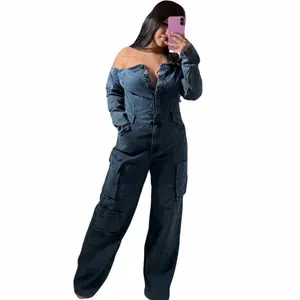 Destiny Women's Off-Shoulder Cargo Jumpsuit with Pockets and Button Front Design