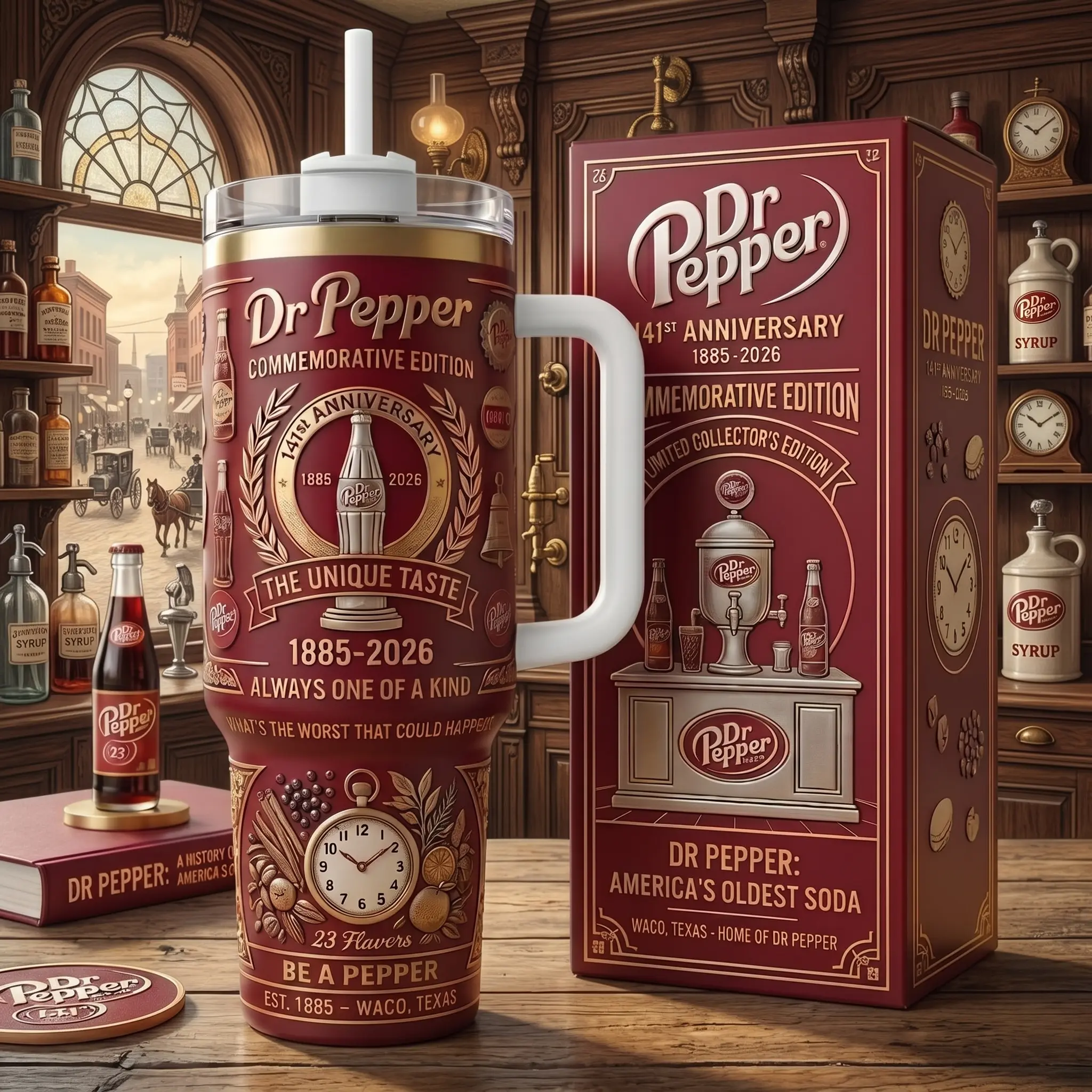 Pepper 141st Anniversary 40oz Insulated Tumbler With Handle & Straw, Commemorative Edition Stainless Steel Travel Mug, Vintage 23 Flavors Graphic Cup, Retro Soda Collector Gift, Vacuum Insulated Drinkware