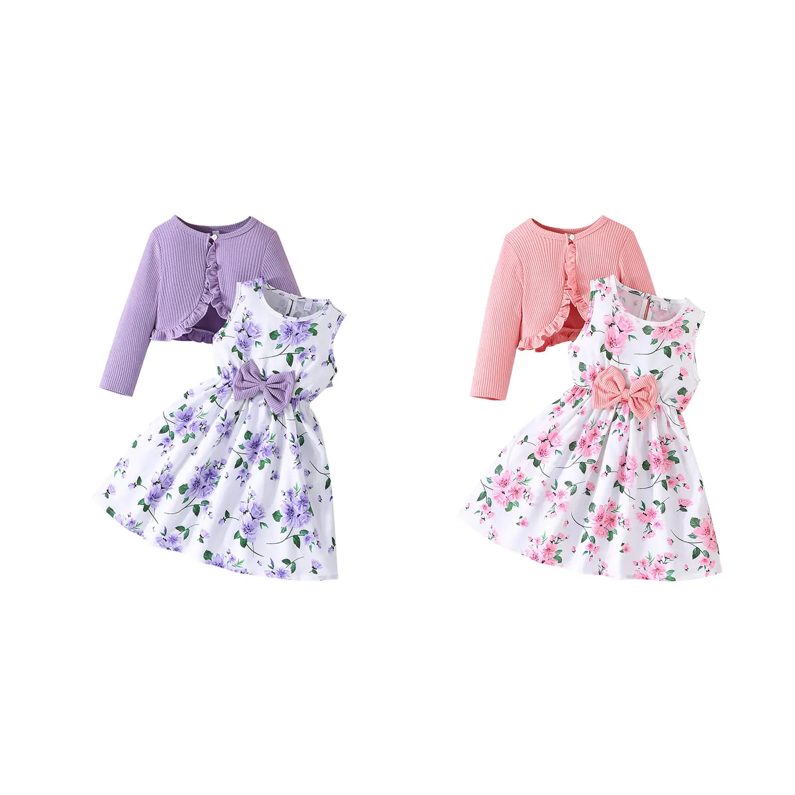 Toddler Girl Dress Set Floral Print Round Neck Bow A-Line Tank Dress Ruffled Ribbed Cardigan 2Pcs Sets