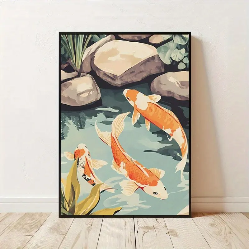 Japanese Koi Fish Poster, Two Koi Swimming in Pond, Wall Art, Asian Home Decor for Living Room Bedroom Bathroom Office