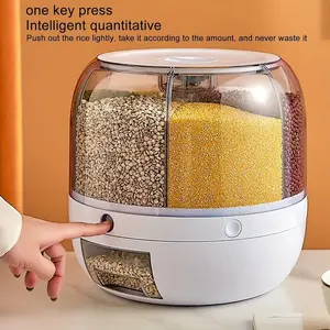 Large Capacity Rotating Rice Container, 6-Grid Grain Dispenser, Press Type Rice Dispensing, Sealed Storage Box with Clear Window, Moisture & Insect Proof, for Rice Grains Pet Food, Kitchen Organizer