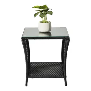 Outdoor Patio Wicker Side Table, Square End Table Bistro Coffee Table with Glass Top Storage Shelf for Porch Garden Backyard Black