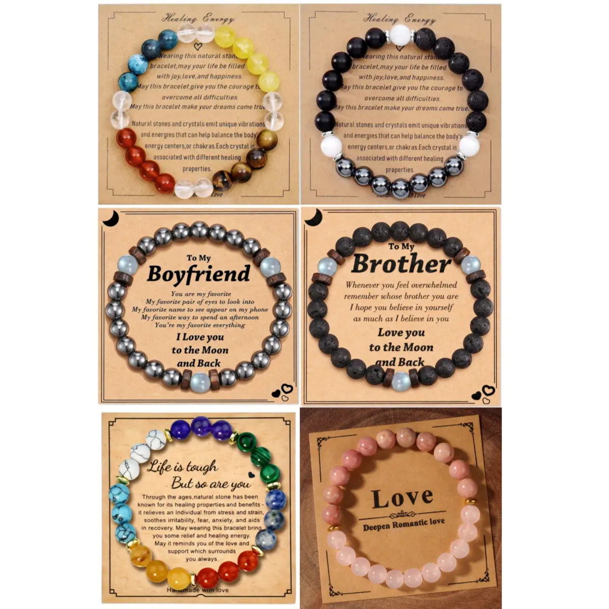 Healing Energy Brand 6pc Love & Strength Crystal Bracelets Set of Four Personalized Message Cards for Boyfriend Brother Life Inspirational Jewelry