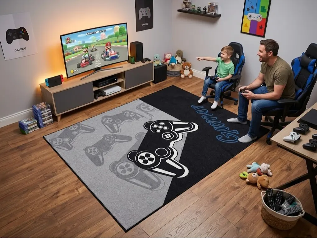 Gamer Gaming Area Rug Retro Game Controller Print Non Slip Floor Mat for Boys Bedroom Gaming Room Dorm Room Decor