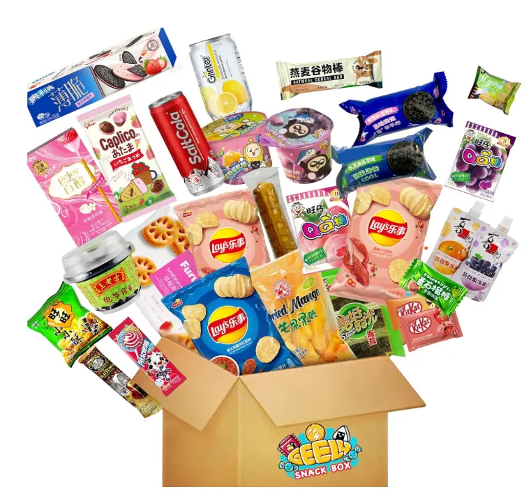 Geely 2lb Asian Snack Variety Box - Crispy Snacks, Cookies, Sweet Candy & Drinks Assorted Pack for Movie Nights & Gifting