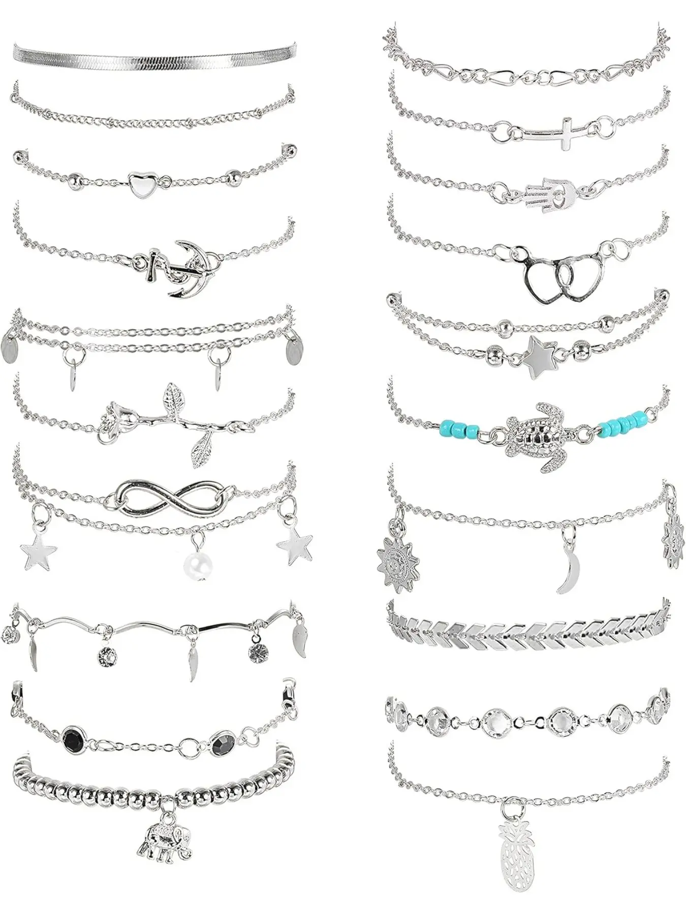 20pcs Ankle Bracelets for Women, Adjustable Silver Color Anklets, Women's Beach Anklet Set, Elegant Fashionable Accessories, Trendy Jewelry, Fashion Chic Accessories, Elegant Accessory