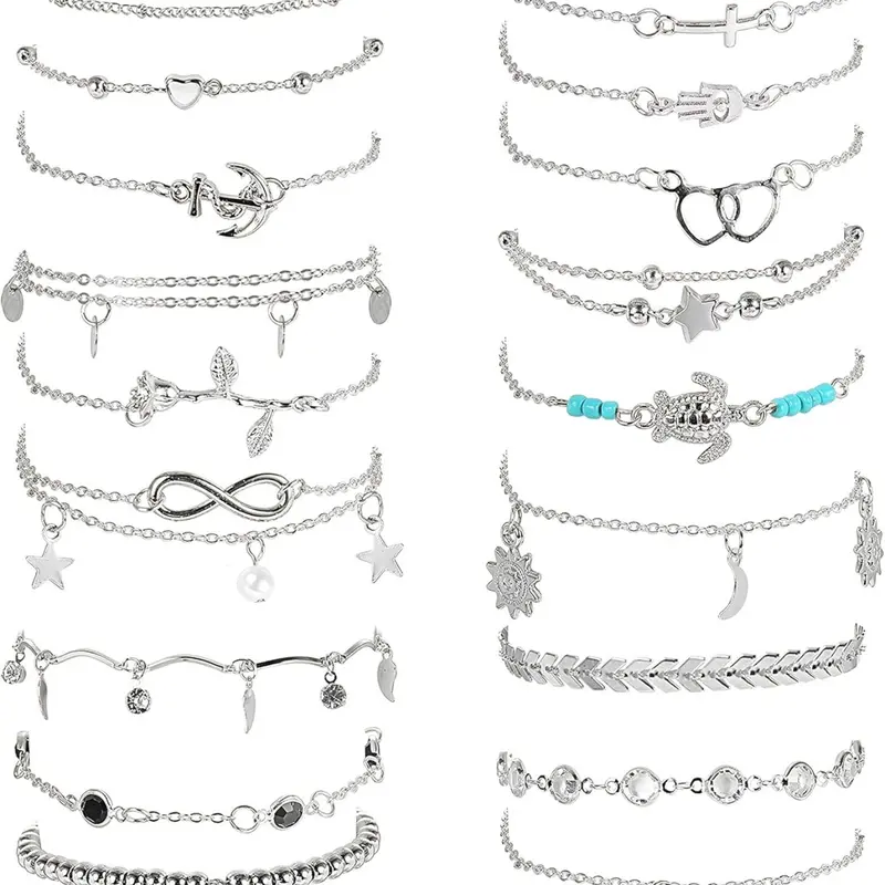 20pcs Ankle Bracelets for Women, Adjustable Silver Color Anklets, Women's Beach Anklet Set, Elegant Fashionable Accessories, Trendy Jewelry, Fashion Chic Accessories, Elegant Accessory