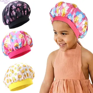 Kids Cute Printed Satin Sleep Bonnet, Soft Smooth Round Baby Headscarf Shower Cap, Elastic Breathable Lightweight Headwear, Versatile Accessory for Toddler Night Sleeping, Bath Time Use and Daily Hair Protection