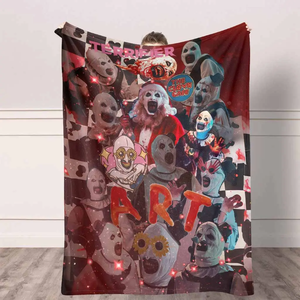 Terrifier Art The Clown Flannel Blanket for Adults - Multi-Size, Soft, Warm, Lightweight, Anti-Fade Print, Wrinkle-Resistant, Cozy Aesthetic Gothic Theme Blanket for Horror Movies Fans, Watch Party, Home/Camping Use, All Seasons
