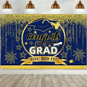 Class of Grad 2026 Background Banner,Blue and Gold Graduation Banner Backgdrop Signs for Congratulations Graduation Party Supplies Photography Background 2026 Graduation Party Decorations
