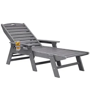 【FathersDayGift】VEVOR Chaise Lounge Chair, 400 lbs Weight Capacity, 6 Positions Adjustable Patio Lounge Chair, Outdoor HDPE Lounge Chair with Backrest & Cup Holder, for Pool Poolside Deck Backyard Lawn, Gray