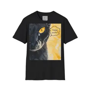 Men's cat portrait with humorous dialogue Graphic T-Shirt - Short Sleeve Crew Neck Regular Fit Casual Wear | Soft & Breathable Fabric, Durable Print, Everyday Comfort, Machine Washable, artistic painting with watercolor effect close-up of a black cat's