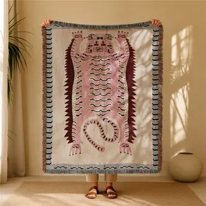 Pink Tiger Pattern Bohemian Yarn Jacquard Woven Blanket with Tassel, Thick Soft Washable Blanket, Used for Home Decor Sofa Chair Bed Tapestry Tablecloth Floor Garden Picnic Outdoor Camping, Cozy Throw Blanket