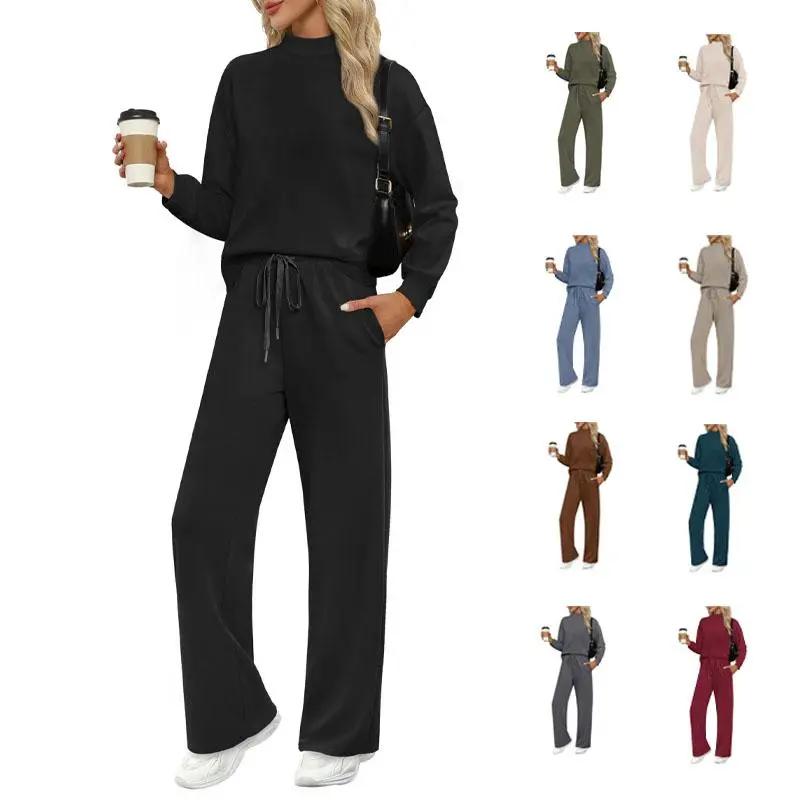 OFEEFAN Two Piece Sets for Women Fall Outfits Lounge Sets Mock Neck Tops Wide Leg Pants Vacation Travel Airport Outfits Casual Long Sleeve