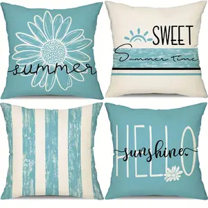 4pcs Cheerful "Hello Sunny" Daisy Throw Pillow Covers - Turquoise & Farmhouse Decor Covers with Daisies, 17.7x17.7 Inch Square, Zipper Closure, Machine Washable for Sofa, Patio, Living Room - Contemporary Style Indoor/Outdoor Decorative Pillowcases