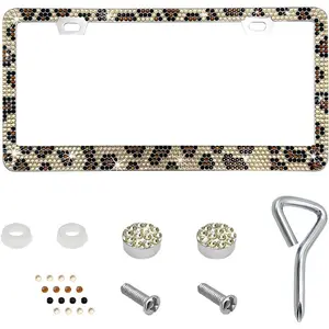 JOKG Bling License Plate Frame, Sparkly Rhinestone Car Tag Cover with Glittery Screw Caps, Stainless Steel Handcrafted Crystal Licence Plate Holder for Women, Car Accessories (Leopard Print)
