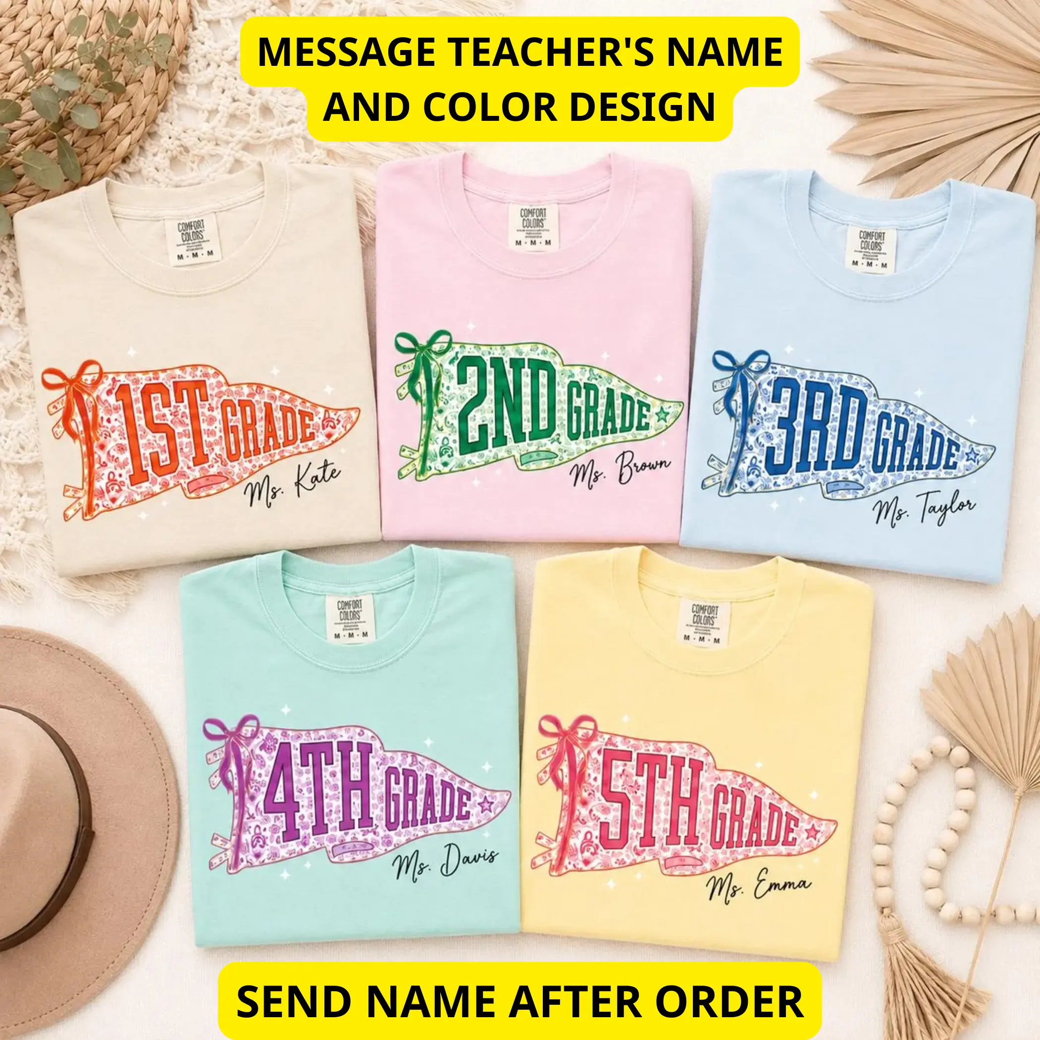 Custom Grade Level Teacher Shirt, Personalized Pennant Flag Comfort Colors Tee, Back To School Teacher Team Shirt Gift- By Thanya LLC