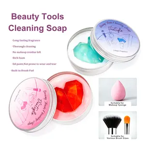 Fluffy Cosmetic Brush & Silicone Cosmetic Brush Washer Cleaning Kit - 100g Compact Blue Cleansing Soap, Rose Fragrance, Thick Creamy Foam, Deep Gentle Cleanser, Residue-Dissolving, Aluminium Component, Single Item, Complimentary Damage Shipping   Free