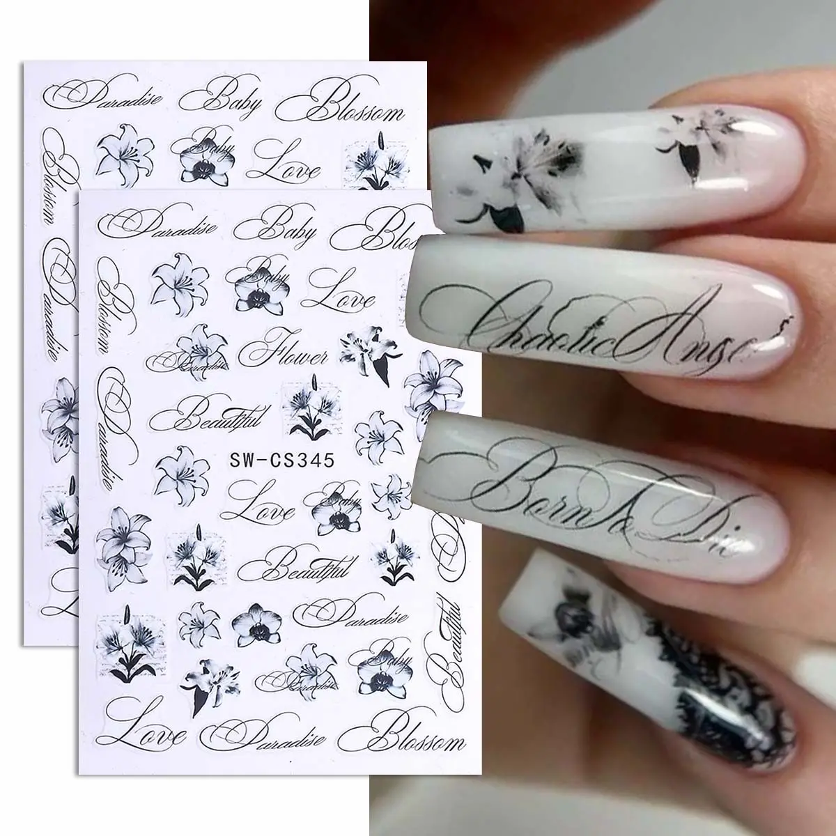 2pcs Elegant Flower Design Nail Art Stickers, Lily English Simple DIY Self-Adhesive Decals, Perfect for Women and Girls Nail Decoration, Nail Art Sheet, Flower Nails