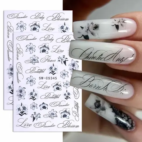 2pcs Elegant Flower Design Nail Art Stickers, Lily English Simple DIY Self-Adhesive Decals, Perfect for Women and Girls Nail Decoration, Nail Art Sheet, Flower Nails, Nail Art Products