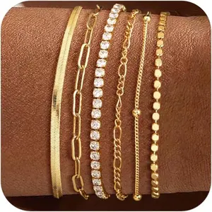 TEWIKY Waterproof Bracelets Set For Women Trendy Dainty Jewelry Fashion Stackable Tennis Beaded Figaro Herringbone Paperclip Link Bracelet Pack Stack For christmas 2024 ornament as Gift