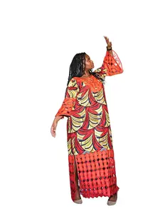 AuraLume The Royal Azure Lumina Bubu Gown - Vibrant African Wax Print Maxi Kaftan with 3D Cord Lace & Elbow-Length Bell Sleeves