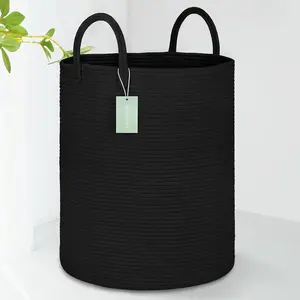 Large Cotton Rope Laundry Hamper 65L, Baby Nursery Hamper Bin with Handles, Woven Storage Basket for Living Room Bedroom, Tall Blanket Basket for Storage Toys Clothes Towels, 16”x 20”,Black