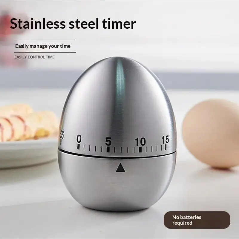 Stainless Steel Egg-Shaped Mechanical Counter Timer, 60-Minute Manual Kitchen Utensil with Adjustable Settings & Alarm Sound for Cooking, Baking, Stainless Steel Timer, Mechanical Counter Timer Kitchen Timers