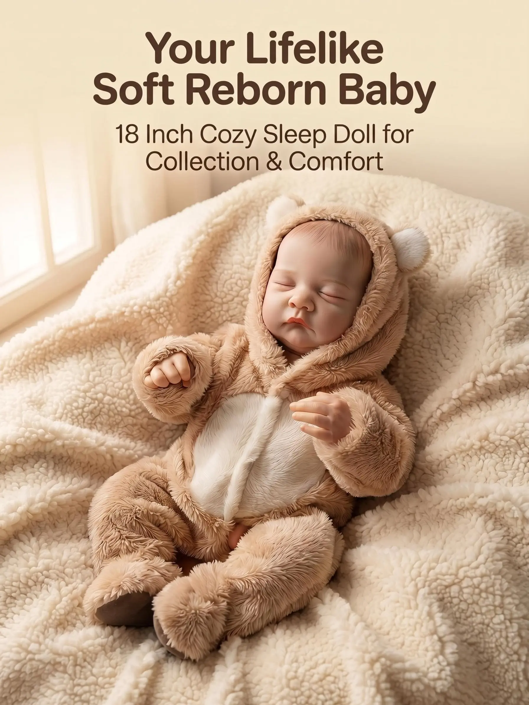 18 Inch Closed Eyes Sleeping Reborn Baby Doll, Brown Fuzzy Bear Hooded Onesie with White Ears & Zip, Vinyl Reborn Doll CPC Certified Realistic Toy for Play Gift Collection