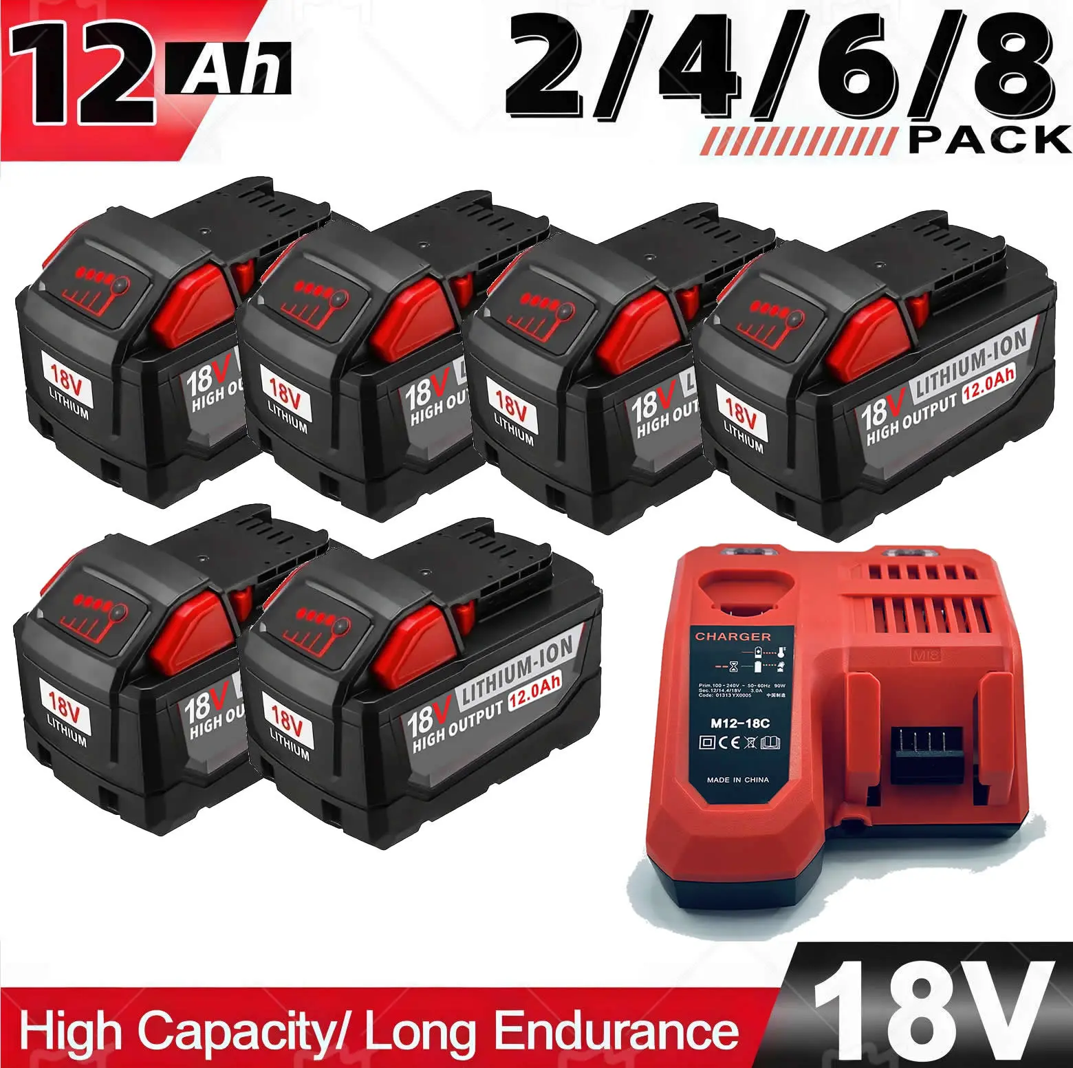 8Pack 12000mAh 18V Replacement Battery M-18 Battery Pack Compatible M-18 12.0Ah Lithium Battery 48-11-1890,48-11-1850, 48-11-1828, 48-11-1820,48-11-1815 Cordless Tools