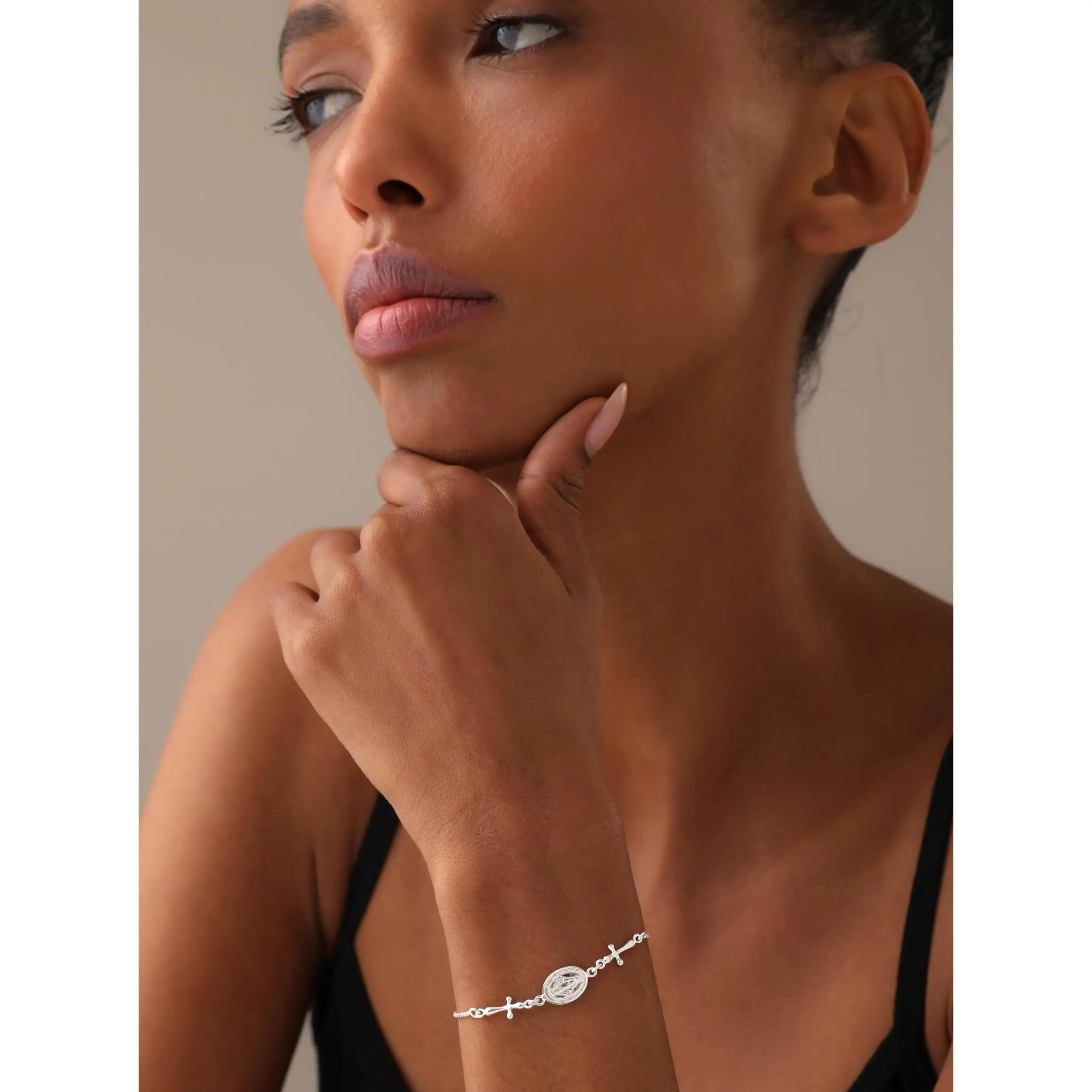 LeCalla 925 Sterling Silver Religious Bracelets for Women | Miraculous Medal & Cross Charm Bracelet | Adjustable Sliding Bolo Bracelet Jewelry Gifts