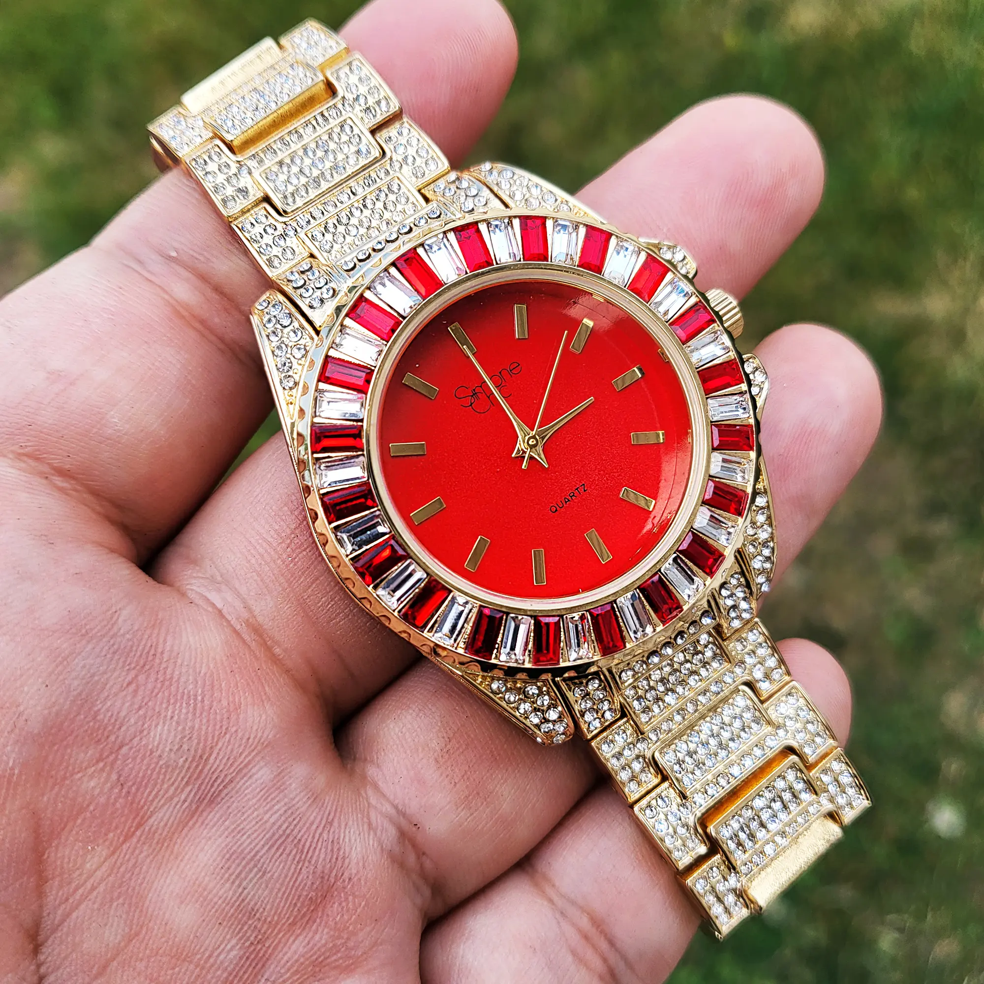 MaxBling81 Women's Iced Out Hip Hop Watch, Gold-Plated Stainless Steel Bracelet with Baguette Cubic Zirconia, 38mm Red Dial and Adjustable Links, Gift Box Included, Watches For Women, Analog Watch
