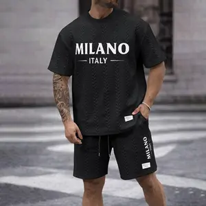 Men's Milano Italy Letter Graphic Textured Fabric Drawstring Waist Shorts Set 2 Counts, Short Sleeve T-Shirt & Pocket Track Shorts, Casual Fashion Cozy Men Two-Piece Outfits For Spring & Fall