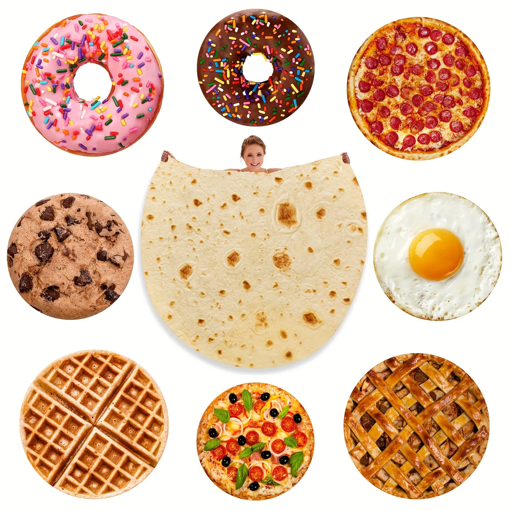 Giant Cozy Round Shape Blanket Throw - Food-Themed, Realistic Burrito Tortilla & Cookie Designs, Modern Novelty Blanket for Teens-Adults, Home & Festive Decor Supplies