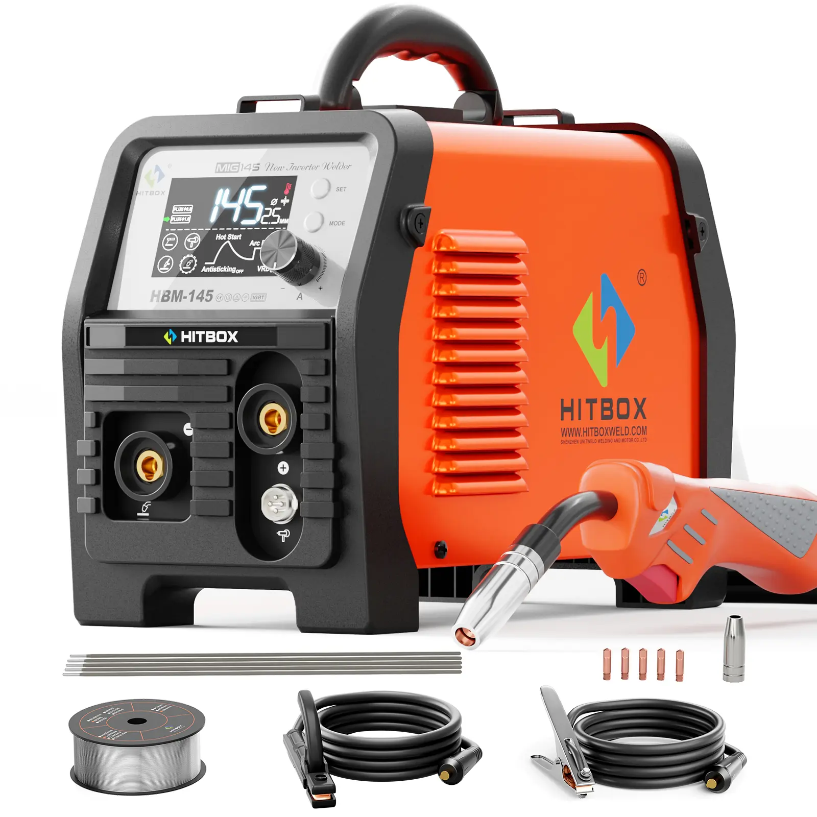 HITBOX HBM145 4-in-1 Multipurpose Multiprocess Welding Machine, 145A Output Auto Voltage 110V/220V Gasless MIG-Lift TIG-MMA Welder with IGBT Tech, Flux Core Wire Compatible, Large LED Digital Display, Spool Gun Sold Separately, Ideal for Mild Steel