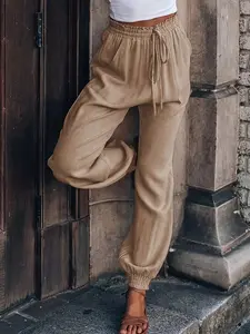 Women's Casual Long Pants, Woven Elastic Waistband, Drawstring Detail, Pocket Design, Cuff Elasticity, Daily Wear & Jogger Style, Adjustable