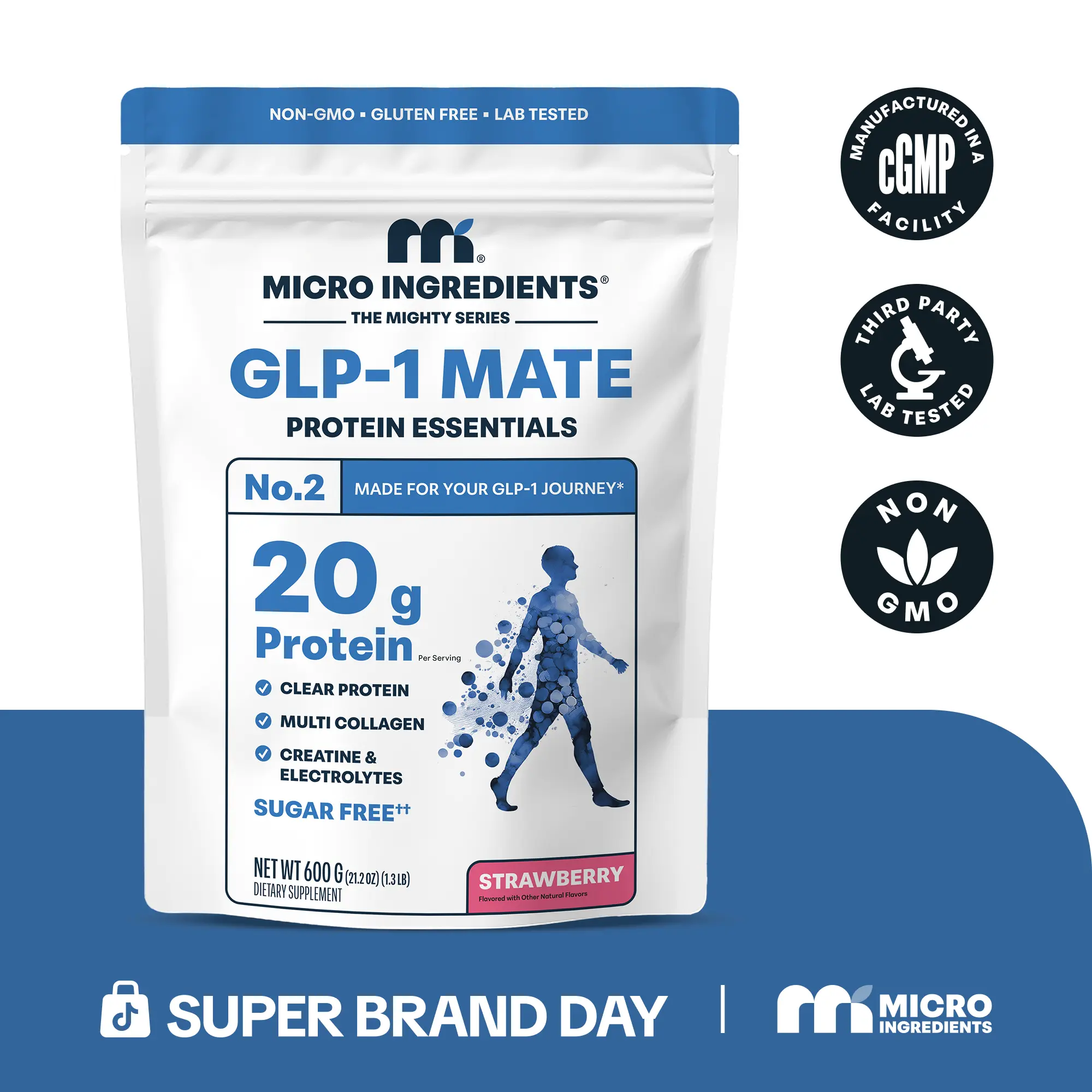 Micro Ingredients GLP-1 Mate Protein Essentials | 20g Protein, Multi Collagen Peptides, Creatine & Electrolytes | Supports Muscle Retention, Hair & Skin Health — Sugar Free, Natural Strawberry Flavor (30 Servings)