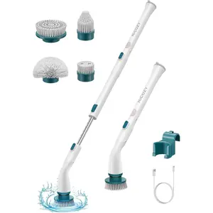 HiCOZY Electric Spin Scrubber HS1, Cordless Shower Scrubber for Cleaning with 4 Replaceable Brush Heads Adjustable Extension Handle, IPX7 Waterproof Cleaning Brush for Bathroom Floor Green