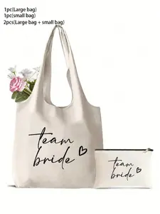 Wedding Gift Canvas Handbag & Makeup Bag Set, Personalized Bride Print Zipper Cosmetic Bag, Perfect for Wedding, Bridal Shower, Bachelorette Party