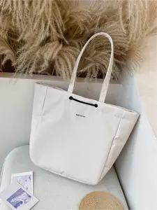 Large capacity drawstring design shoulder bag solid color with letters simple casual tote bag handbag shopping bag travel bag